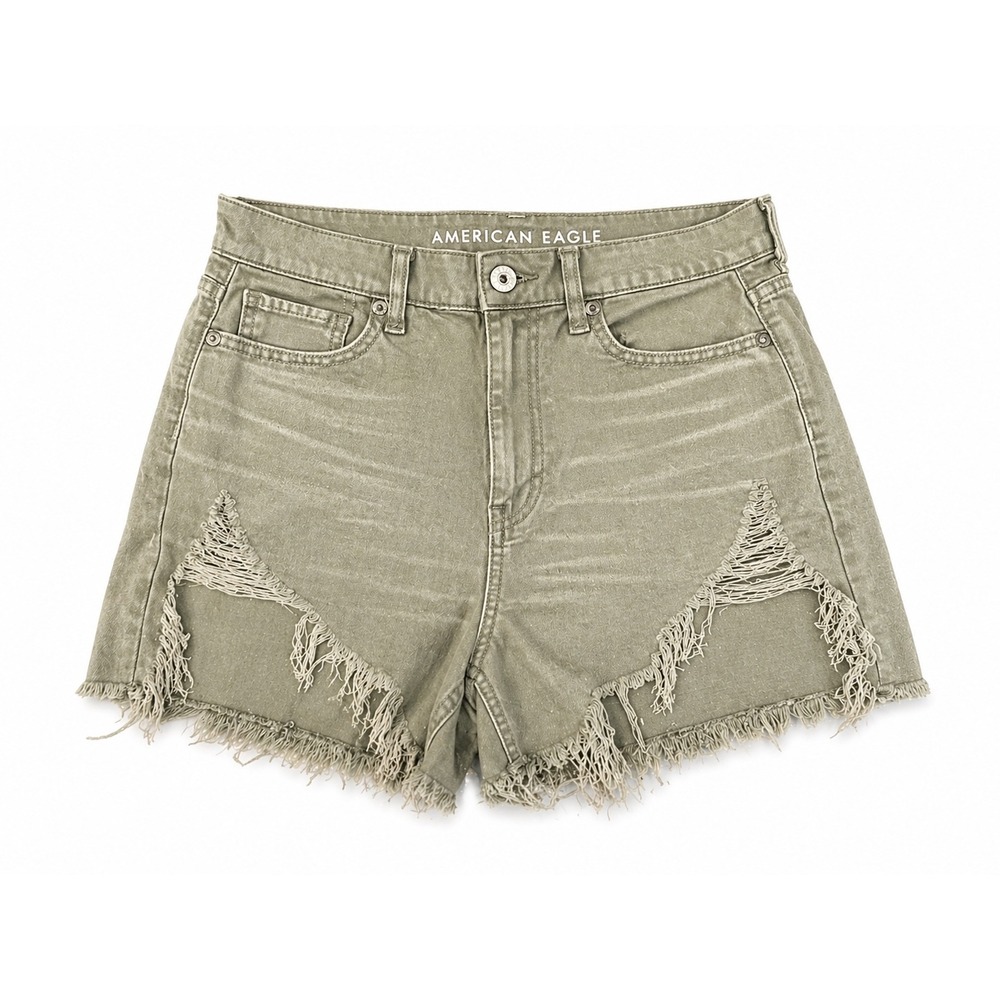 American Eagle Olive Green Distressed Denim Shorts High Rise Cut Off Womens 4